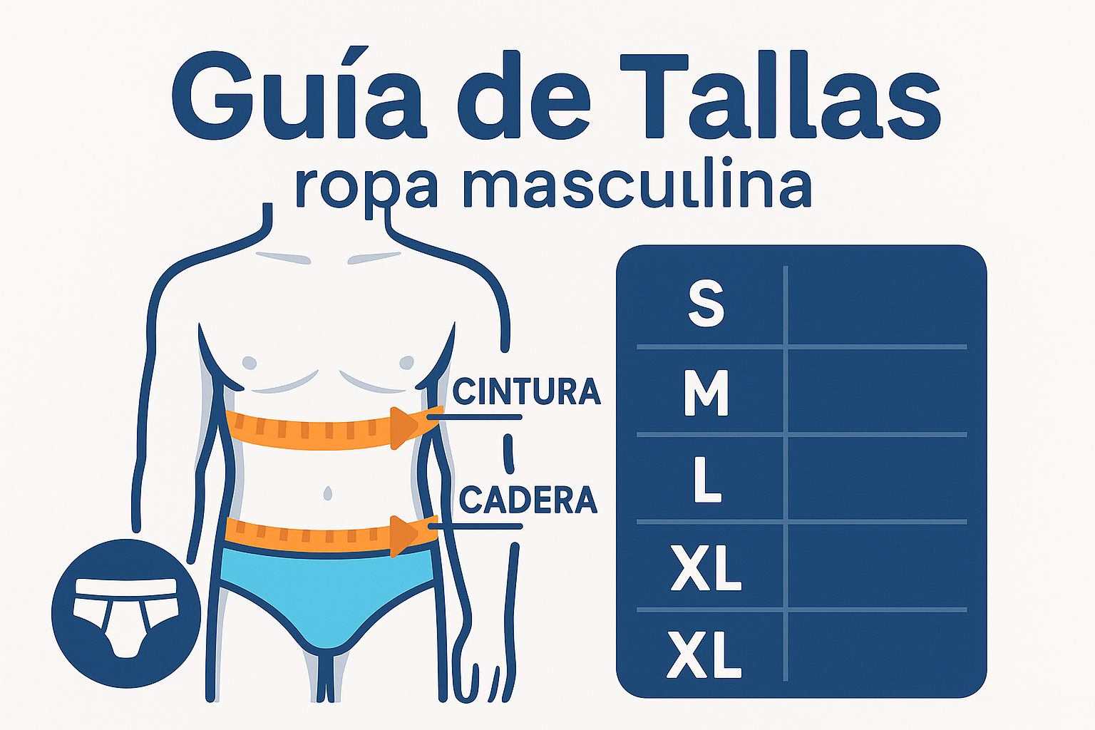 Guía de tallas ropa interior masculina WIJO – ilustración de medidas de cintura y cadera para elegir talla S, M, L, XL