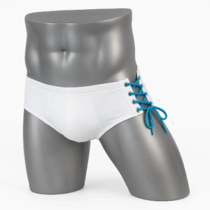 Bañador atadura WIJO blanco con cordones azules en maniquí gris